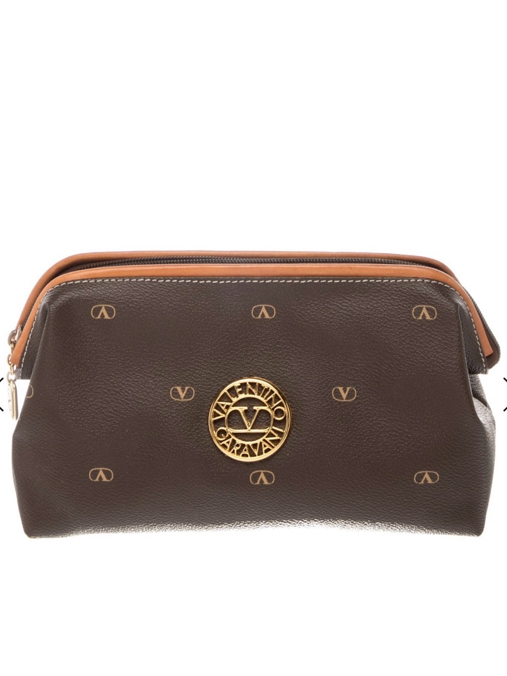 Valentino Garavani Brown Leather Logo-Embellished Toiletry Pouch with Tan Trim